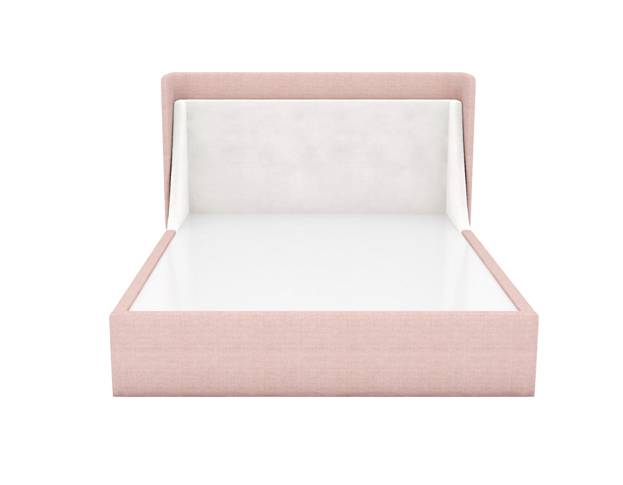 Pink-colored upholstered bed with a high, angled headboard featuring a soft gray fabric panel. The bed frame has a sleek and modern design, providing a cozy and stylish sleeping space for a child's bedroom.