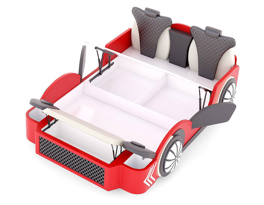 Top view of a red car-themed children's bed with the mattress lifted to reveal spacious storage compartments underneath. The bed features realistic car elements such as a detailed front grille, black quilted headrests, and wheel designs. The side panels are open, showcasing the practical storage solution, making it both playful and functional for a child's bedroom.