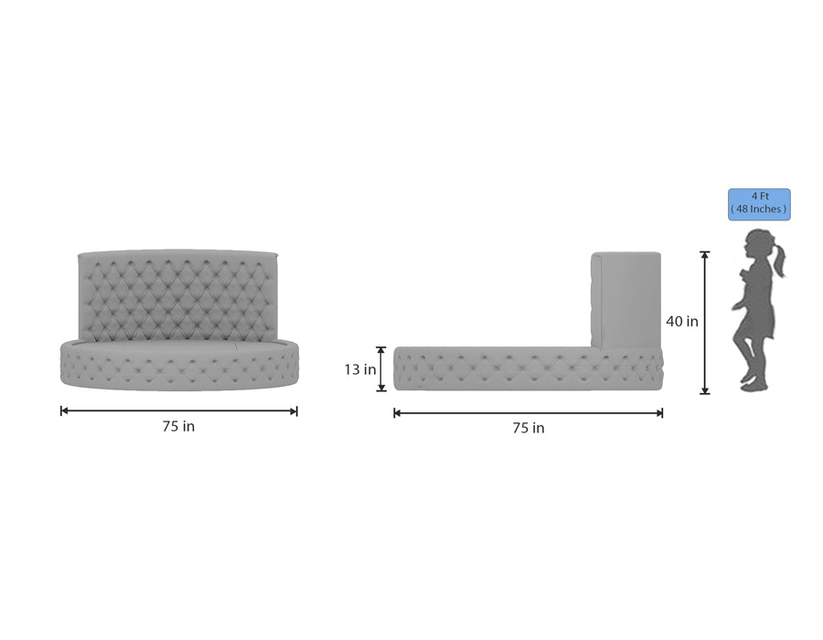 Dimensional diagram of a round pink tufted bed, showing both front and side views. The bed measures 75 inches in diameter, with a platform height of 13 inches from the ground and an overall height of 40 inches including the headboard. An illustration of a child with a height of 4 feet (48 inches) is included for scale reference.