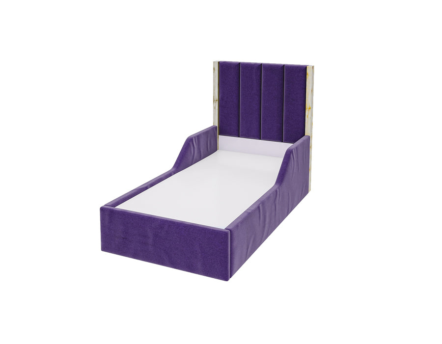 Purple upholstered bed with a tall headboard, providing a stylish and comfortable sleeping solution for children's rooms.