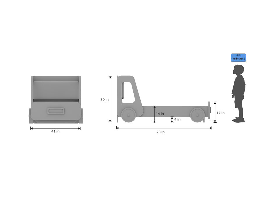 Dimension diagram of a kids' truck-themed bed, showing side and front views with detailed measurements. The bed measures 78 inches in length, 41 inches in width, and 17 inches in height. The diagram also highlights specific dimensions of 14 inches for the mattress height and 4 inches for the bed frame clearance from the floor. A scale reference includes a 4-foot child silhouette to visualize the bed's size, providing an accurate understanding of its proportions for a child's room.