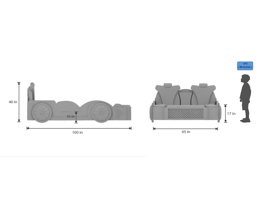 Dimensions of a blue car-themed children's bed, illustrated with a side view and front view. The bed measures 100 inches in length, 65 inches in width, and 40 inches in height. The diagram also includes a height comparison with a 4-foot tall child for scale.