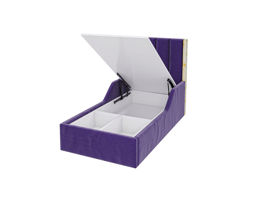 Open purple storage bed with built-in compartments, showcasing a versatile and space-saving design suitable for organizing children's rooms.