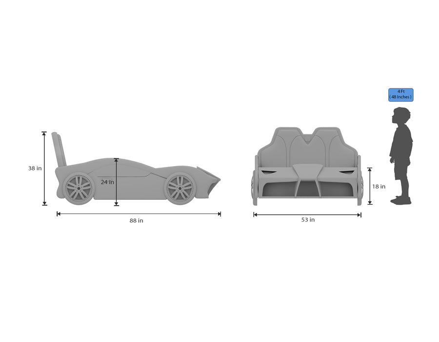 Dimension diagram of a blue car-themed children's bed, displaying the side and front views. The bed is 88 inches long and 53 inches wide, with a height of 38 inches at the headboard. A 4-foot-tall child is shown for scale comparison, emphasizing the bed's size and suitability for young children.