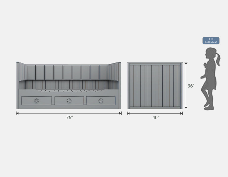 Graphical representation showing the dimensions of a gray trundle bed with decorative floral knobs, next to a silhouette for scale comparison.