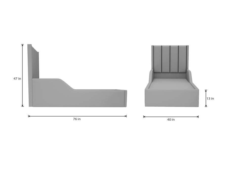 3D rendering of a minimalist gray scale single bed with measurements, featuring a side view and front view with detailed dimensions.