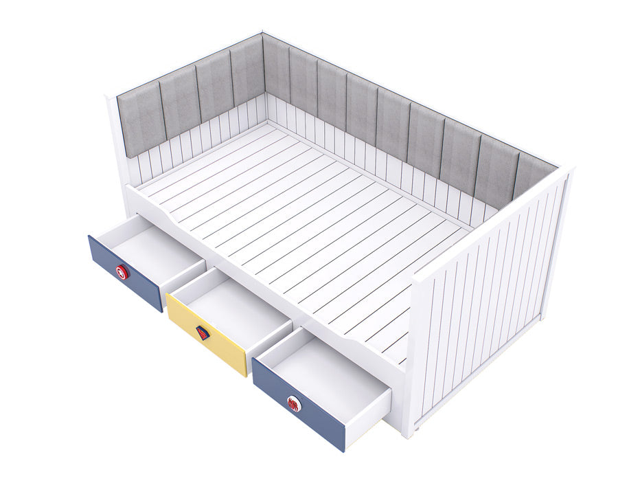 Top view of a white coloured children's trundle bed with superhero emblem drawers, showcasing a clean design with a comfortable, cushioned backrest.