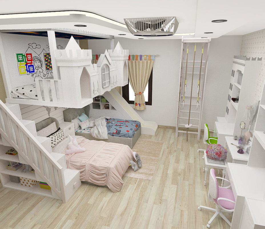 Fully customized kids room with a loft bed, kids castle, two single beds, play area and climbing wall