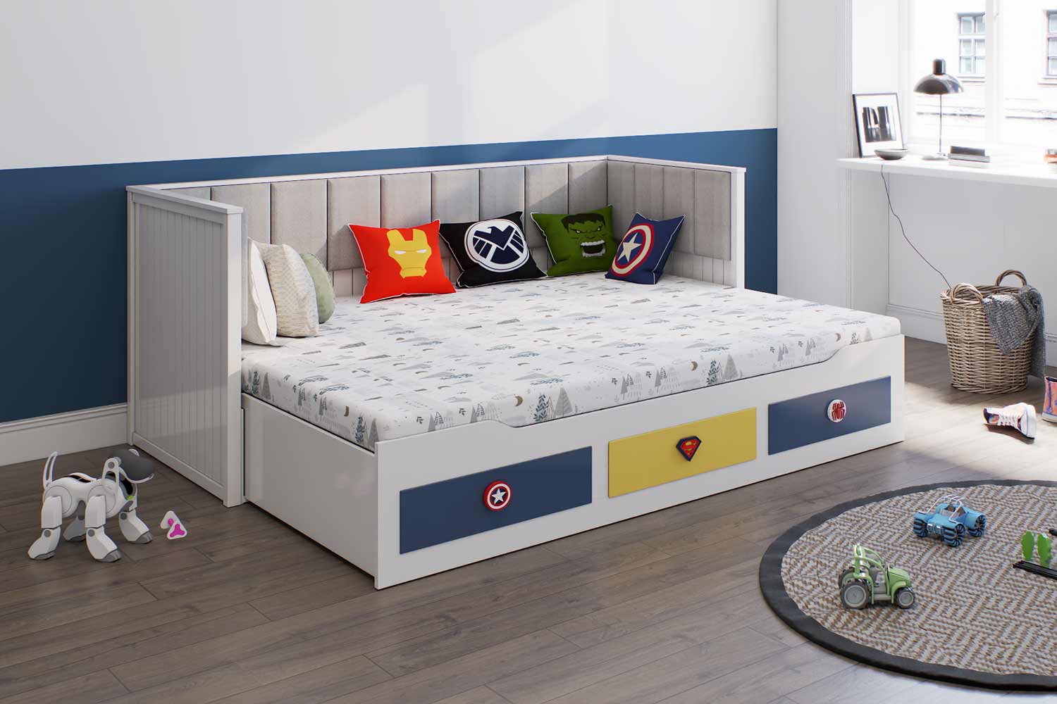 Cozy children's room with a stylish trundle bed adorned with superhero cushions, set against a two-tone wall, inviting playful imagination and rest.