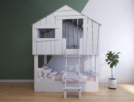 Minimalistic child's loft bed designed as a quaint house, complete with a ladder and a comfortable reading nook, adjacent to a potted plant.
