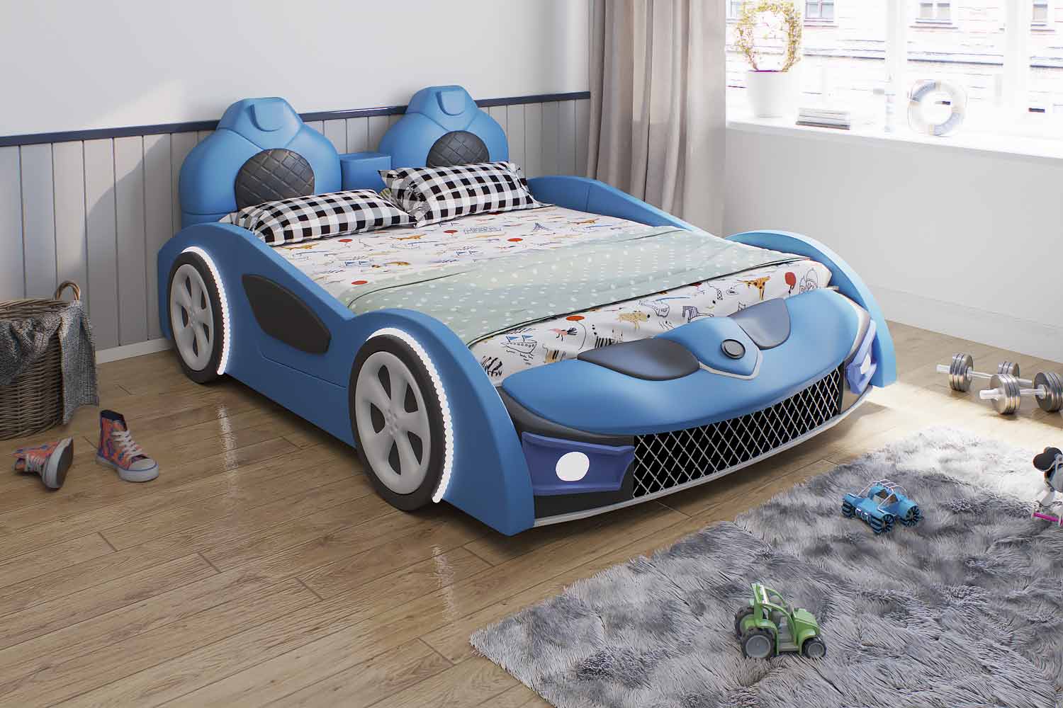 Sleek blue car bed for kids with racing design, set in a bright room with playful accents, ready to fuel your child's racing dreams.