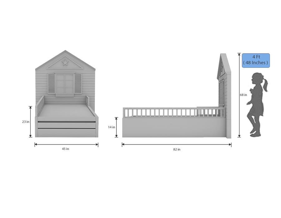 Dimensional diagram of a children's navy blue bed with a house-shaped headboard featuring white shutters and a star decoration. The bed measures 82 inches in length, 45 inches in width, and 14 inches in height from the ground to the bed platform, with an overall height of 68 inches to the top of the headboard. The front view illustrates a height of 23 inches to the top of the side rails. An illustration of a child with a height of 4 feet (48 inches) is included for scale reference.