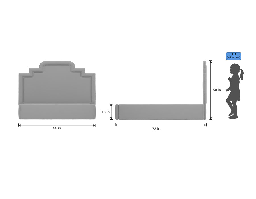 Dimensions of a kids' upholstered bed with a decorative headboard. The bed measures 66 inches in width, 78 inches in length, and 50 inches in height from the headboard. The side profile shows a height of 13 inches from the ground, ideal for children's rooms. A child silhouette provides scale reference.