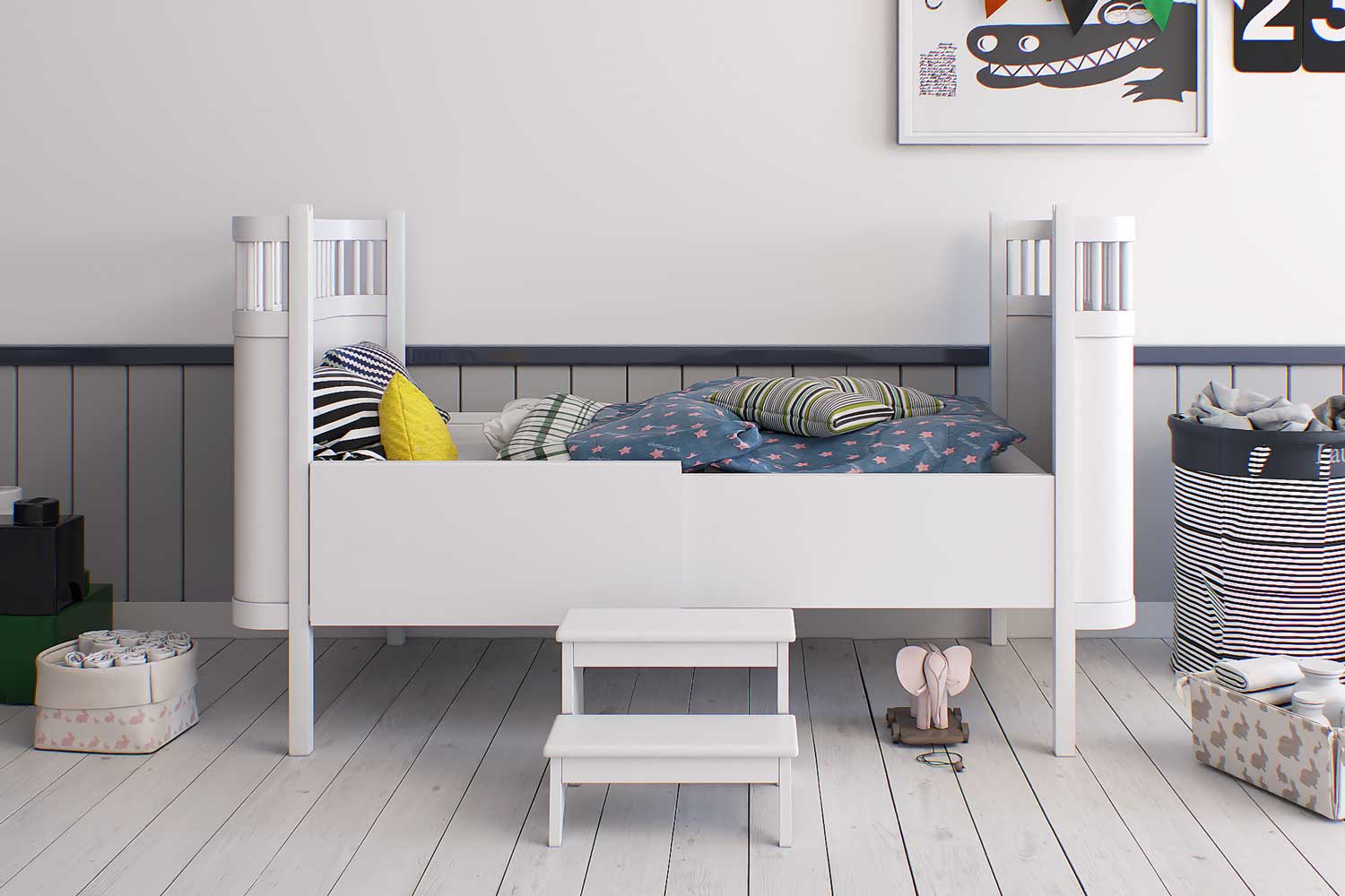 Modern and minimalist single bed in a stylish child's room with organized storage solutions and playful decor accents.