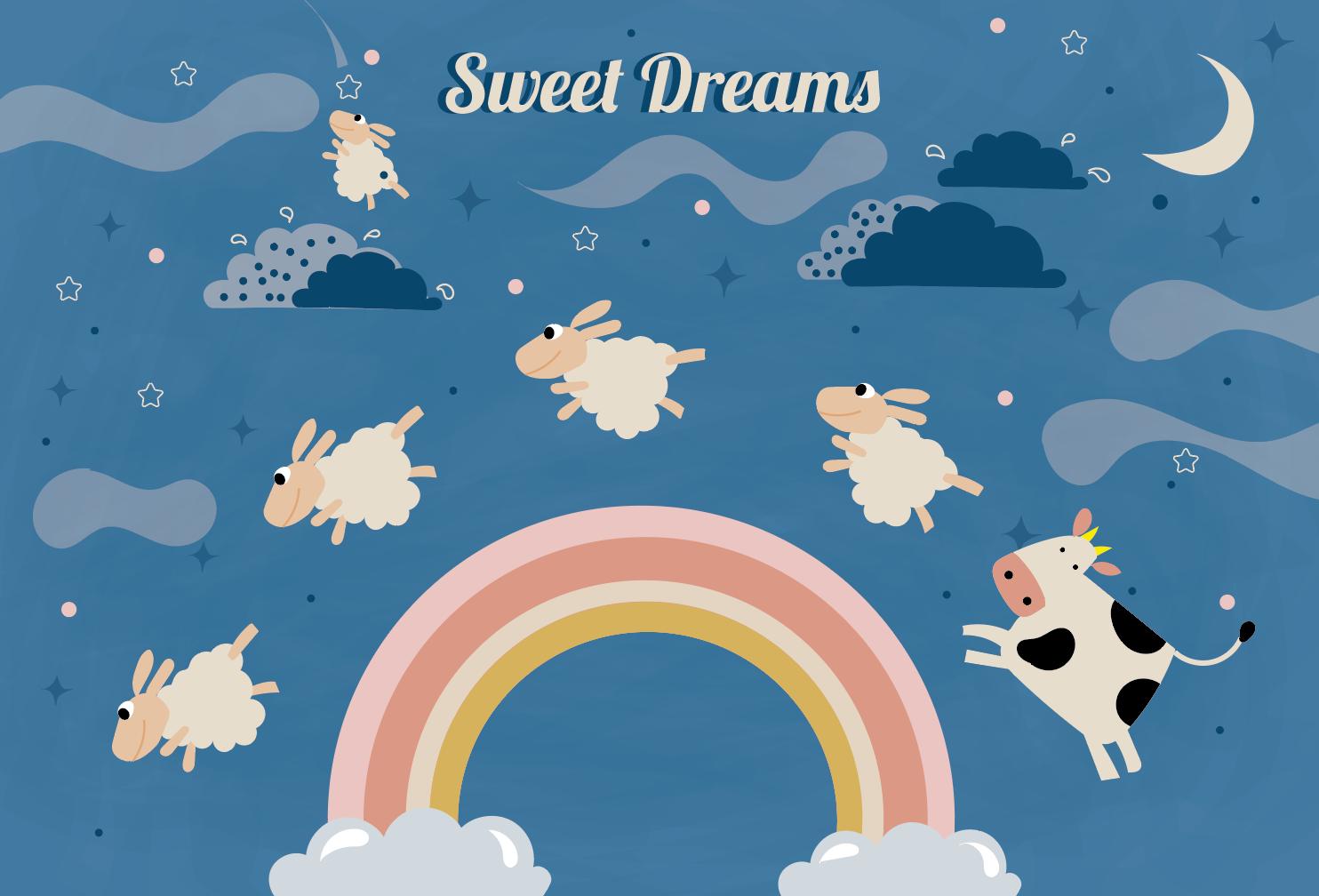 kid's wallpaper with cows and sheep flying over rainbow and clouds