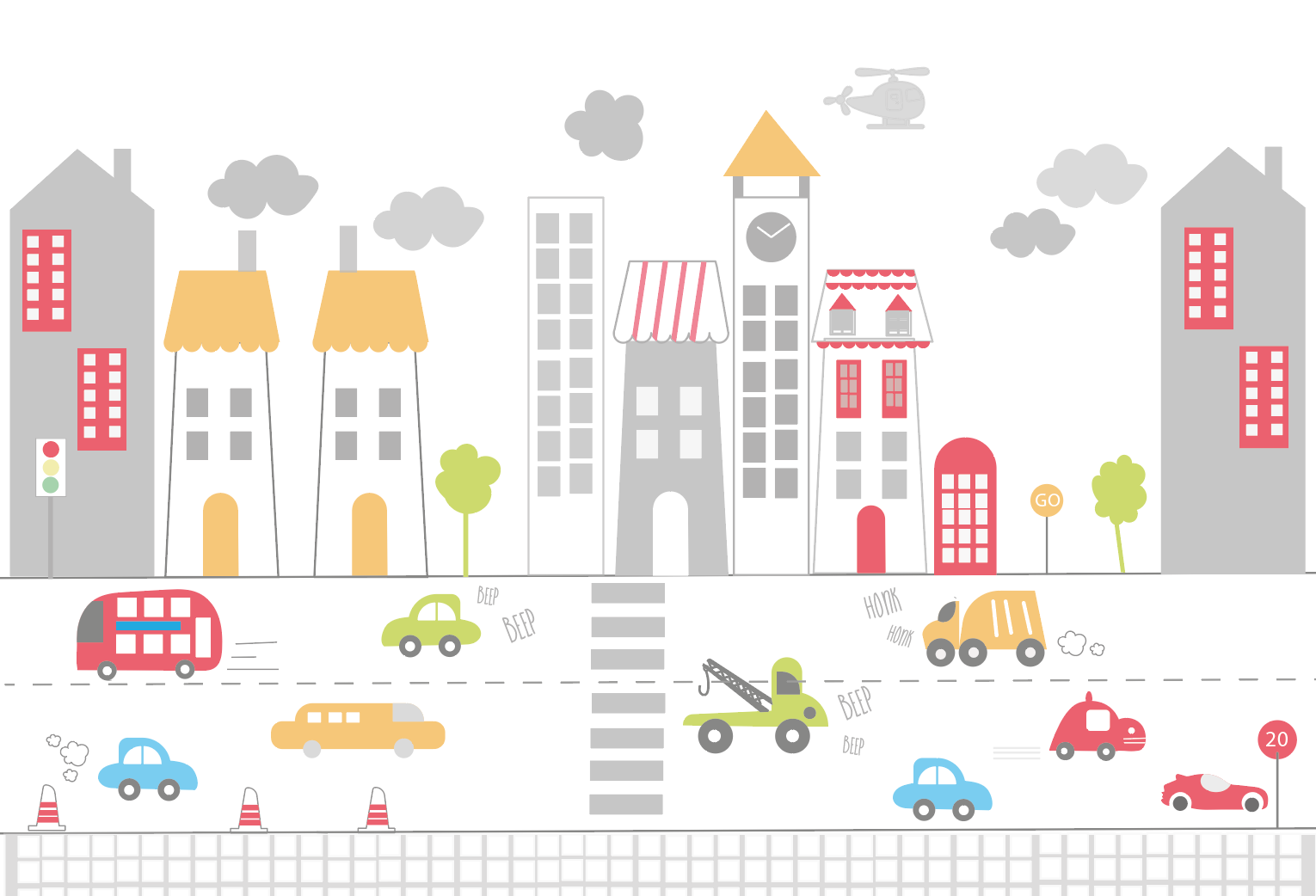 Kid's wallpaper with cars, trucks and buildings